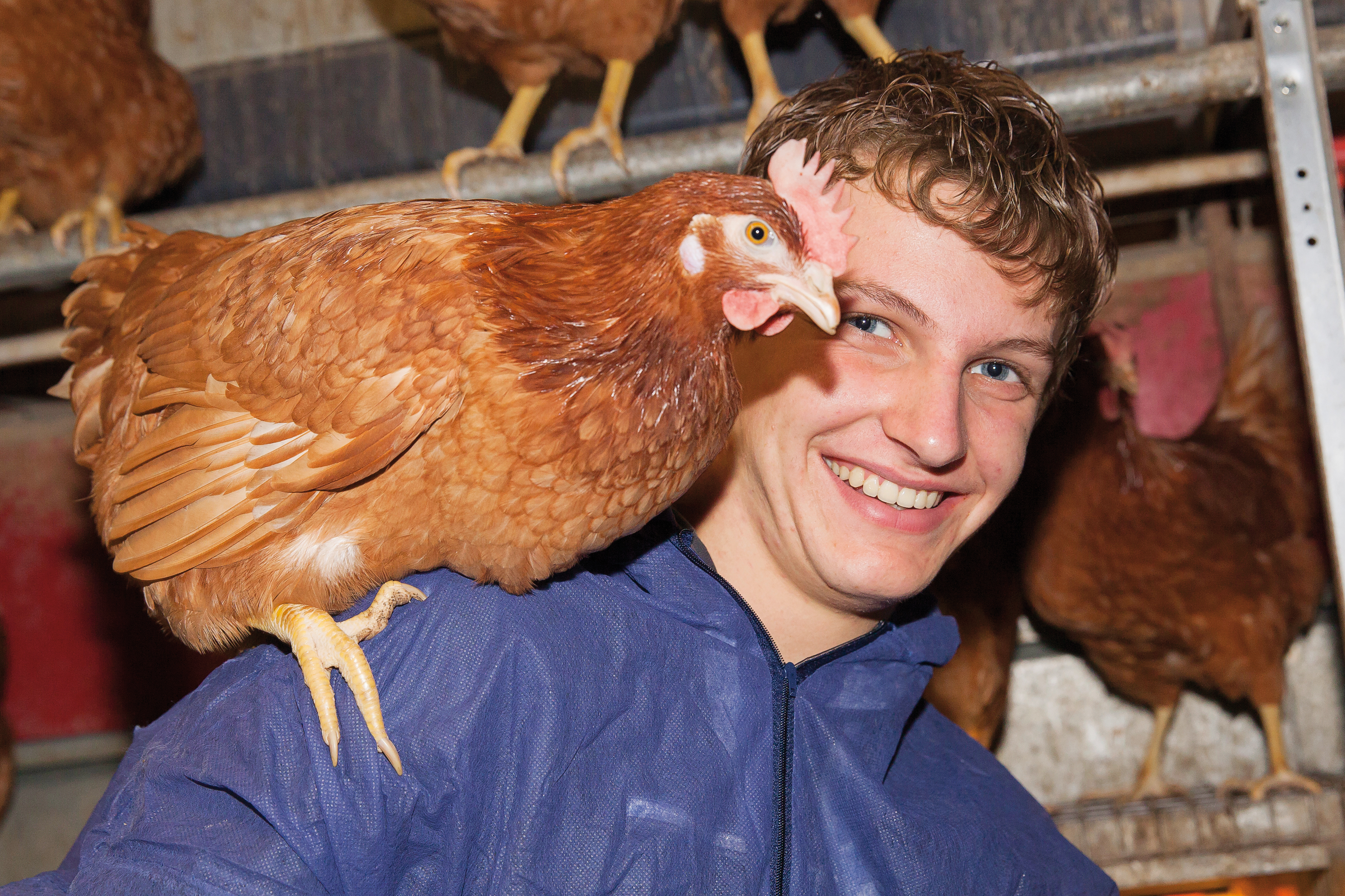 Aeres MBO Pluimveehouderij student met kip op schouder
